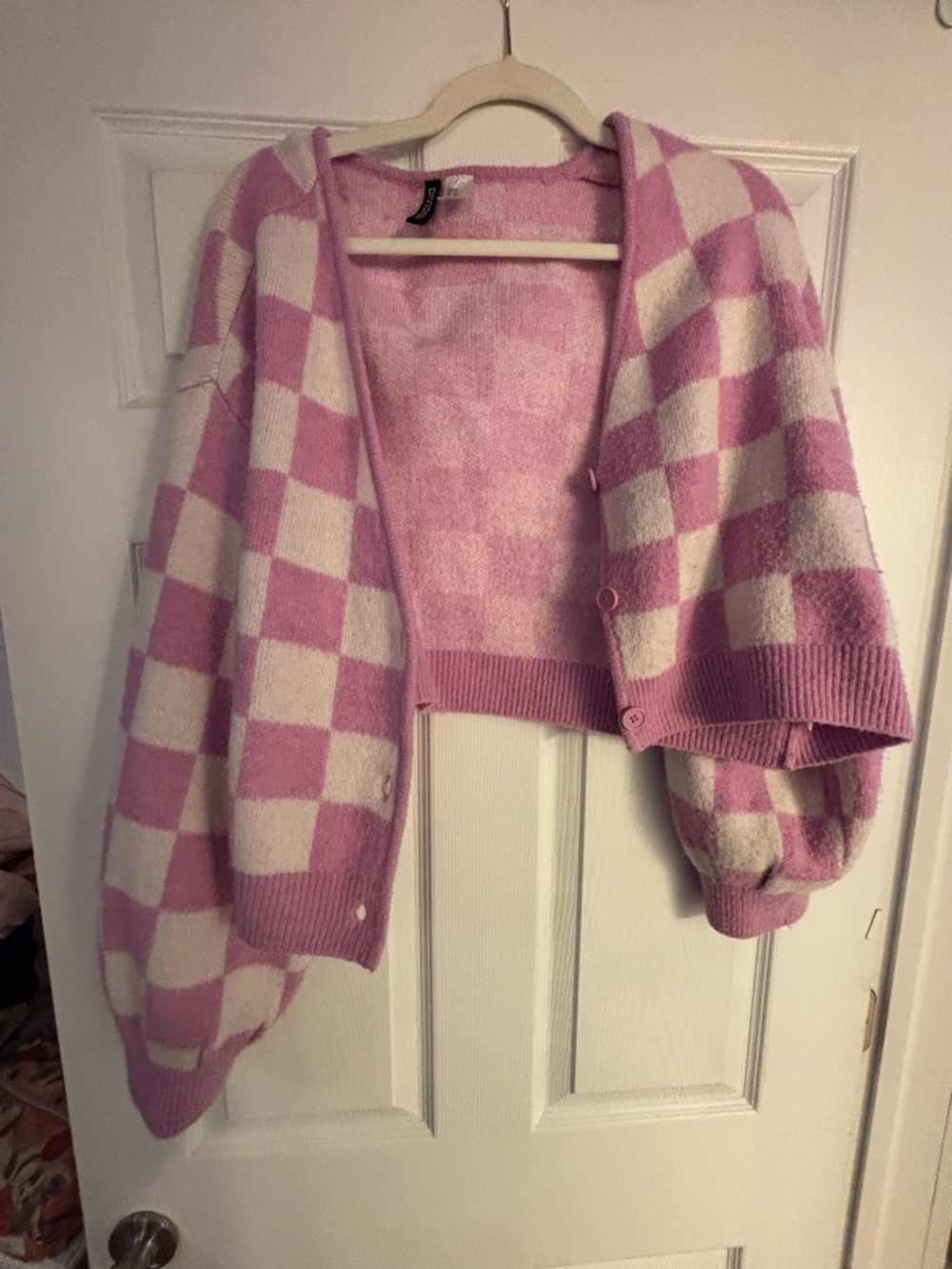 Pink and Cream Checker Knit Cardigan Sweater XL